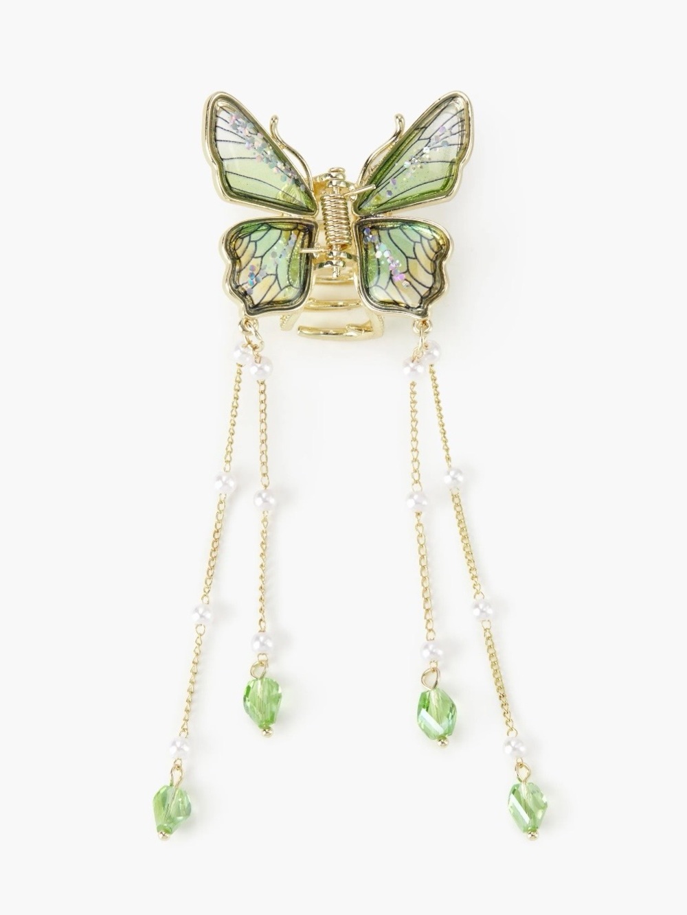 Cider Green Butterfly Hair Clip with Gold Chains and Pearl Accents